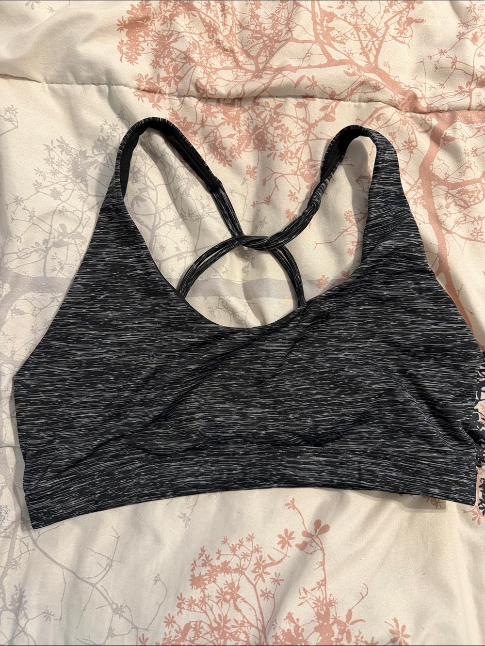 Balance Collection Heathered Black Sports Bra with Twist Back